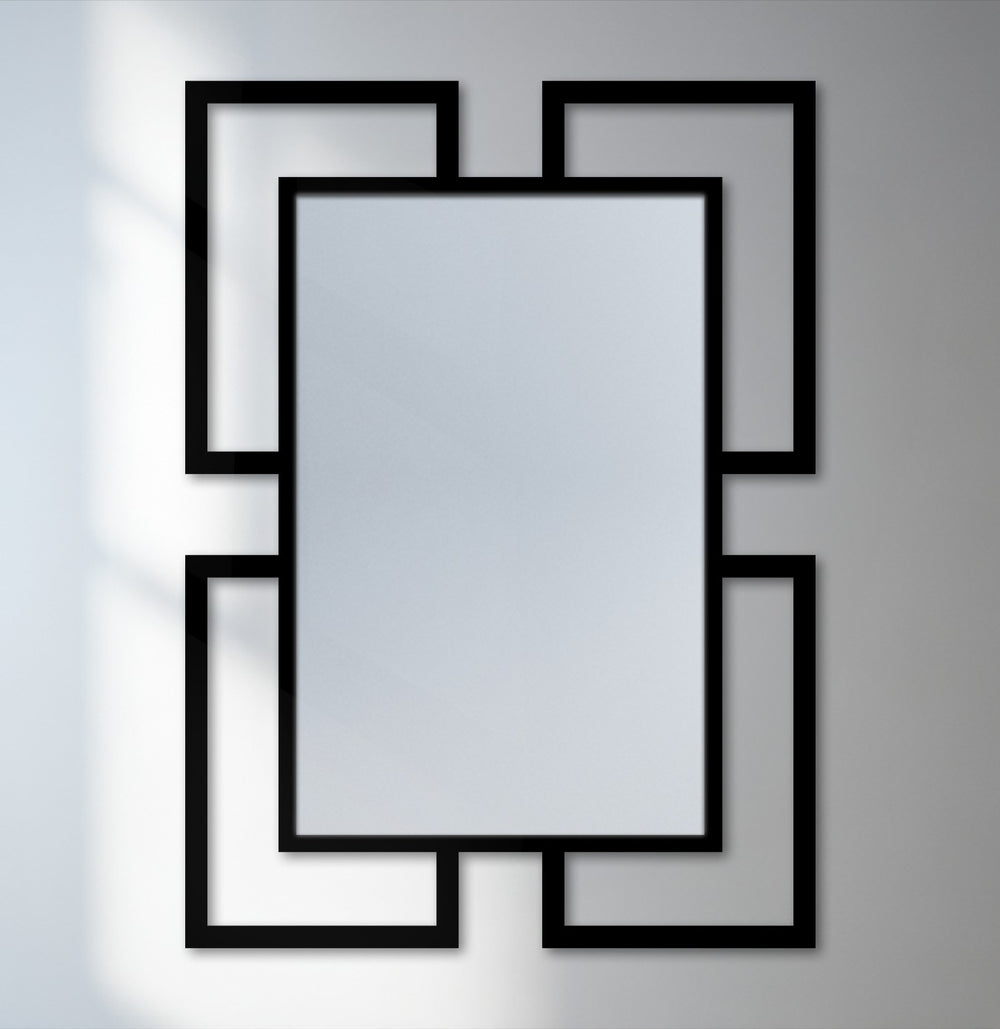 A neutral-toned background highlights the sleek black stepped frame symmetry of the metal decoration wall art mirror, emphasizing its modern geometric design.