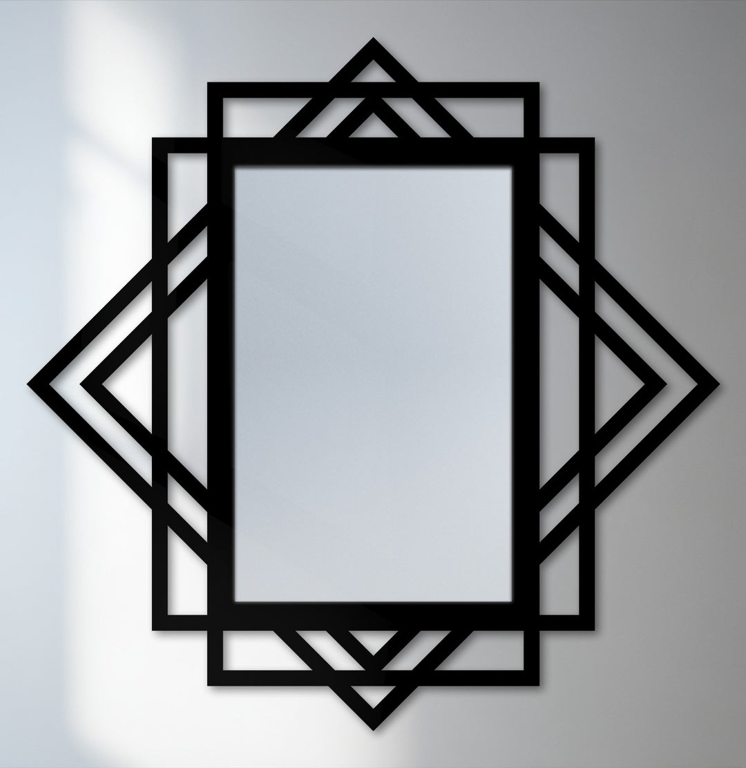 Light and shadow play across the geometric diamond layer metal wall art, highlighting the intricate architectural design that makes this black mirror a stunning piece of decorative metal art.