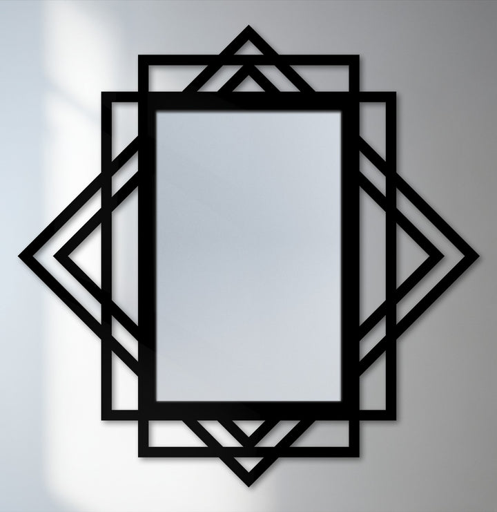 Light and shadow play across the geometric diamond layer metal wall art, highlighting the intricate architectural design that makes this black mirror a stunning piece of decorative metal art.
