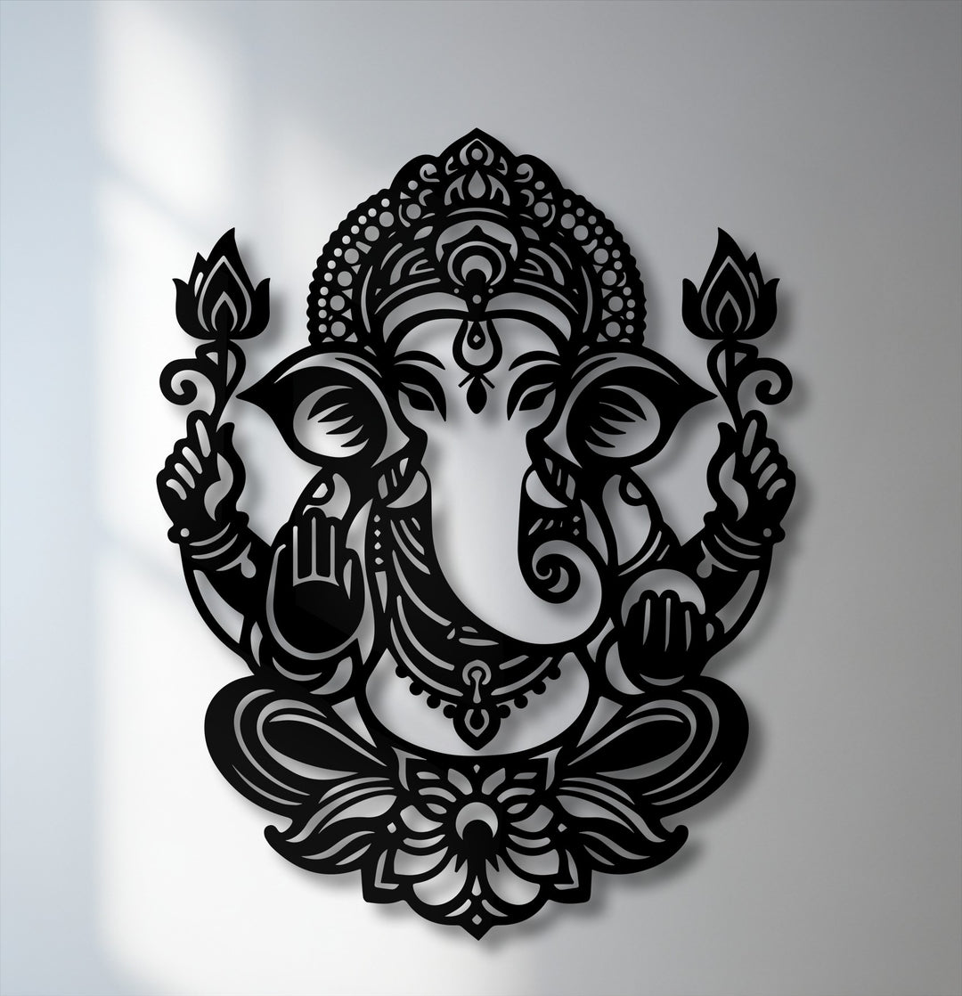 Dominant deep black Ganesha lotus spiritual metal wall decor, intricately crafted with a serene presence.