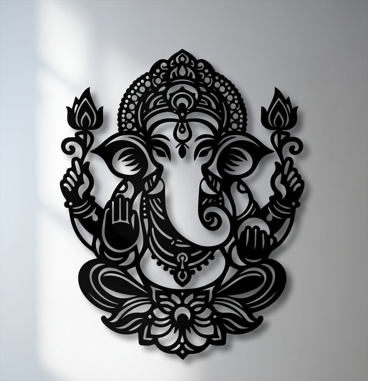 Dominant deep black Ganesha lotus spiritual metal wall decor, intricately crafted with a serene presence.