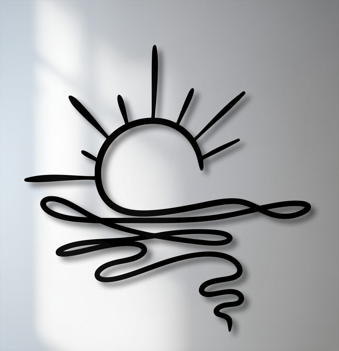 Light grey wall showcasing a stark black abstract fluid horizon metal art for wall, depicting a sunrise over flowing wave lines.