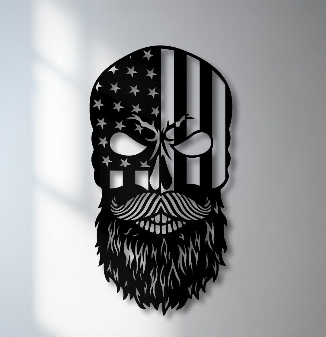The black unique metal wall art of a bearded Patriot Skull creates striking color transitions, vividly showcasing the American flag design.