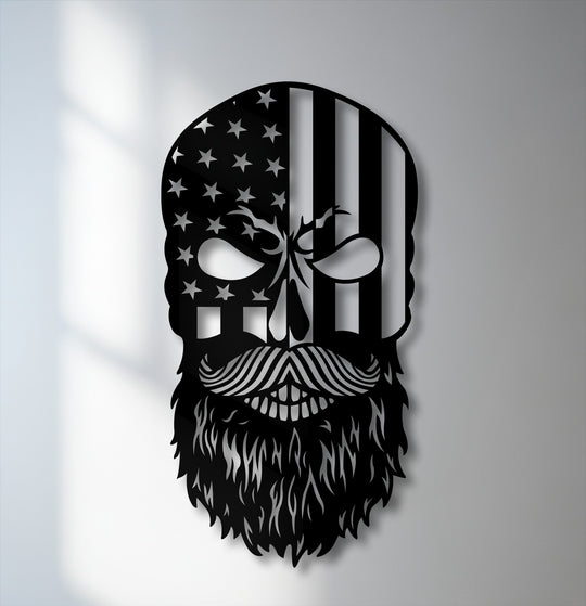 The black unique metal wall art of a bearded Patriot Skull creates striking color transitions, vividly showcasing the American flag design.