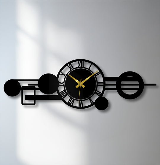 Black is the dominant color in this decorative metal art featuring a modern geometric metal wall clock with Roman numerals and an abstract orbit design.