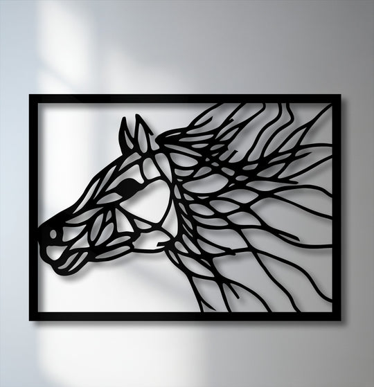 Dynamic abstract horse portrait metal wall decor features a majestic steed captured in flowing black lines, conveying a powerful sense of movement.