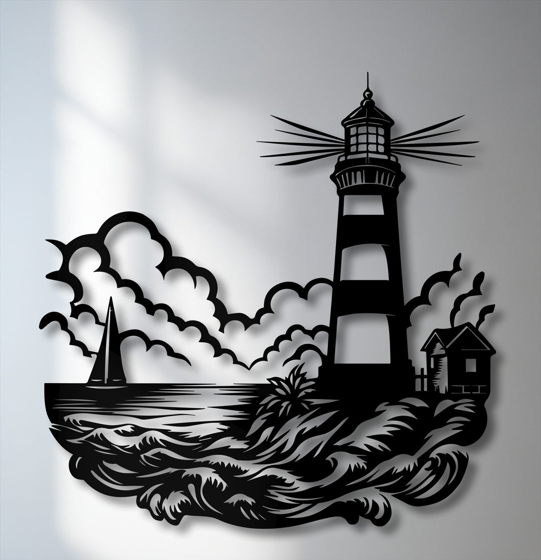 The brightest area reveals a pristine white wall, providing a stark background for the intricate lighthouse seascape metal wall decor.