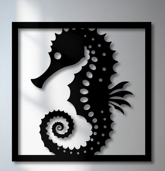 This unique metal wall art of Ocean Grace seahorse features richly saturated black tones against a stark white backdrop.