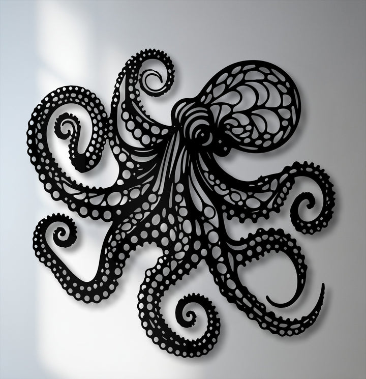 The darkest area reveals an intricate black octopus metal art for wall, showcasing its stylized head and detailed tentacles with many suckers.