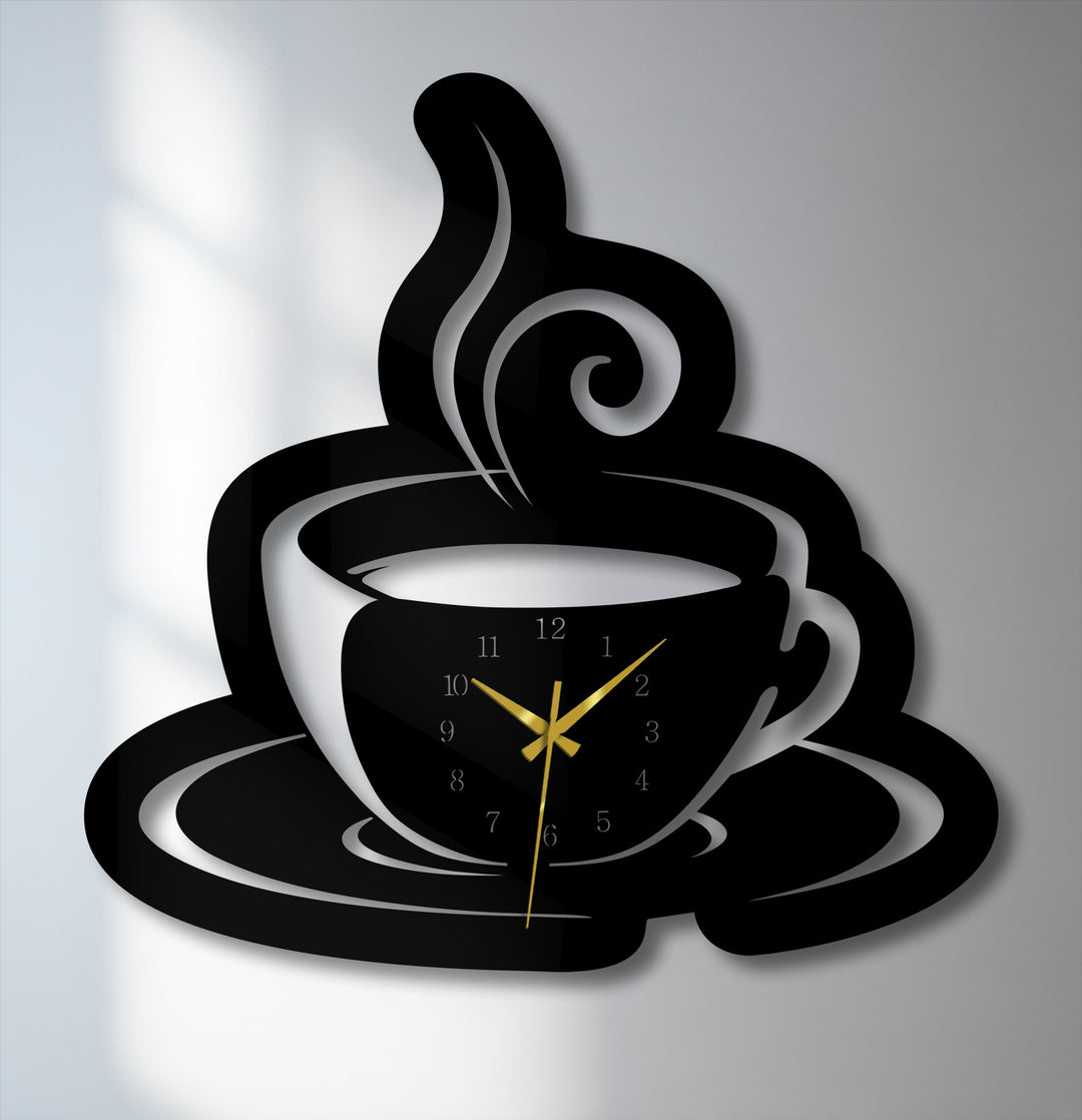 Realistic detail highlights this black coffee cup metal art for wall, showcasing steam swirls, a clock with gold hands, and subtle depth.