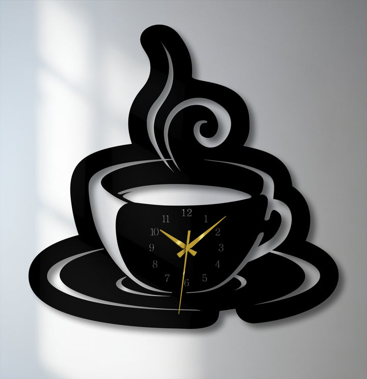 Realistic detail highlights this black coffee cup metal art for wall, showcasing steam swirls, a clock with gold hands, and subtle depth.