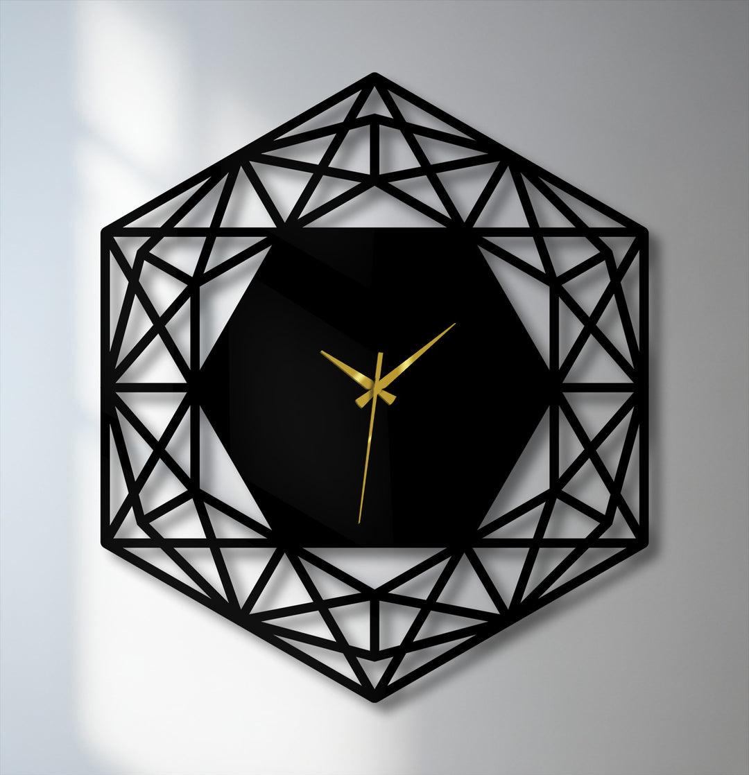 The sharp, clean black edges and intricate geometric borders highlight this unique hexagonal metal wall decor clock with a minimalist design.