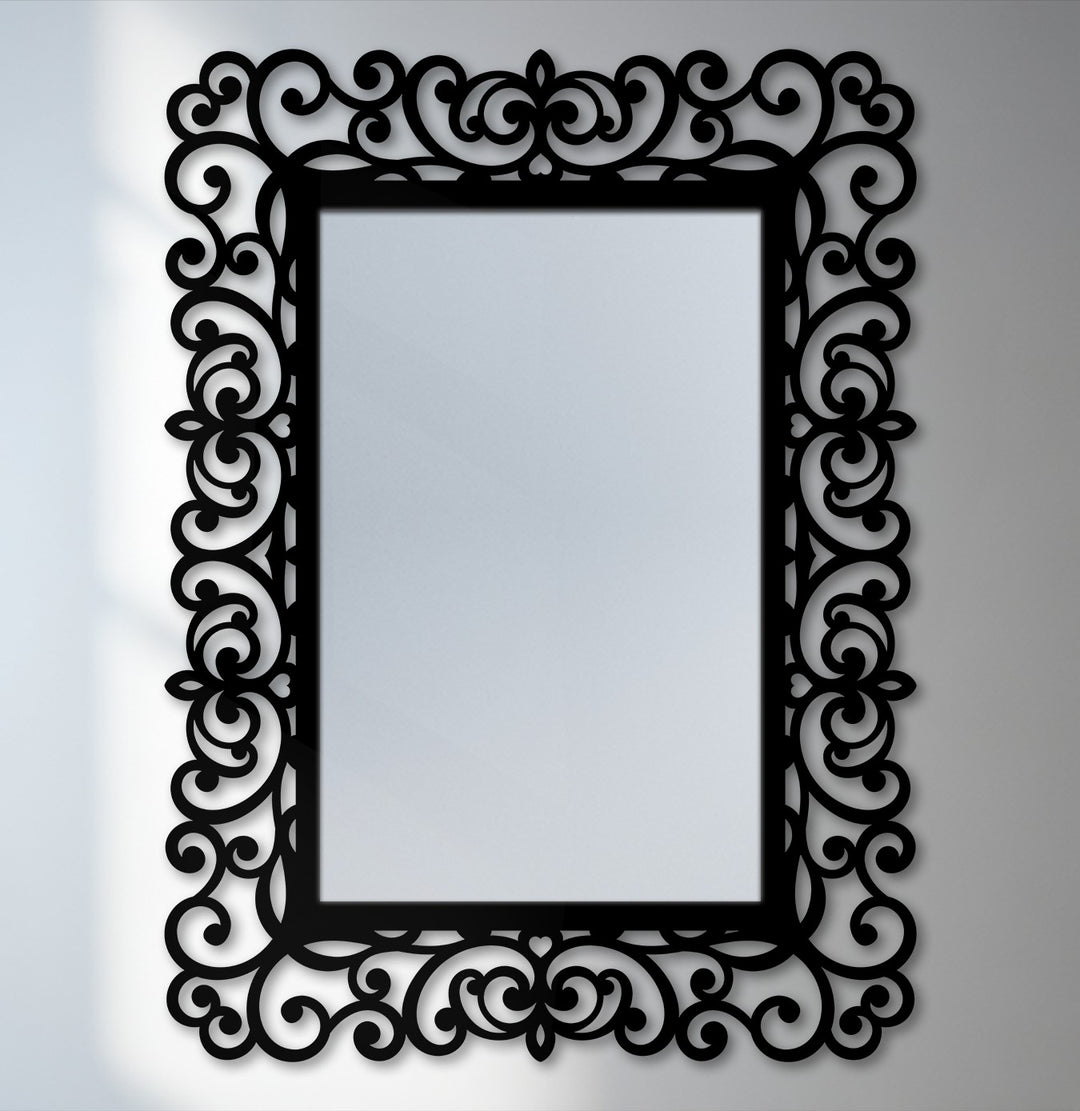 Foreground detail highlights the baroque scrolls of the elegant black frame in this ornamental rectangular floor mirror, ideal for decorating with wall mirrors.