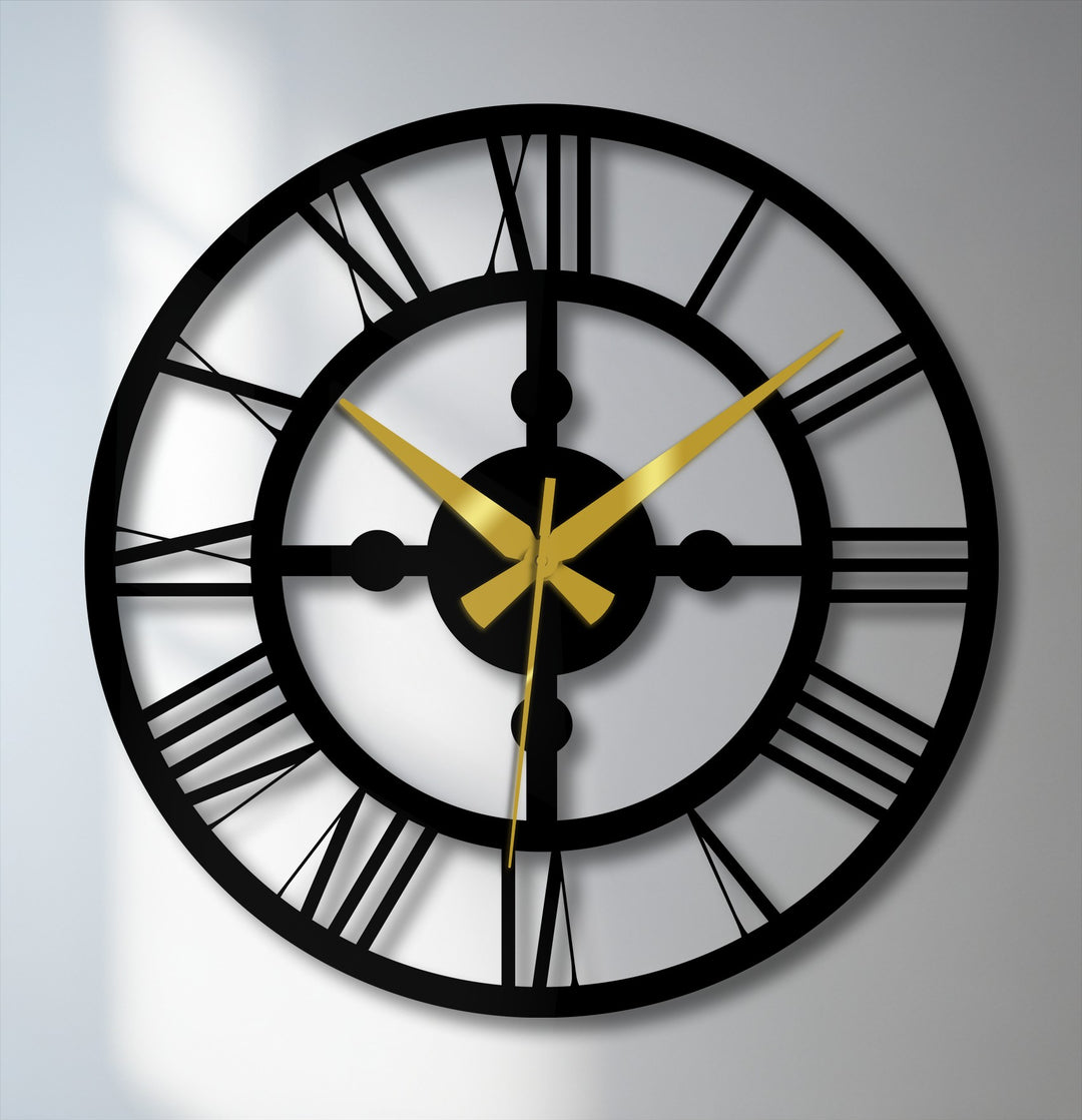 The focal point of this industrial Roman gear metal wall clock highlights its unique decorative metal art design with eye-catching gold hands.
