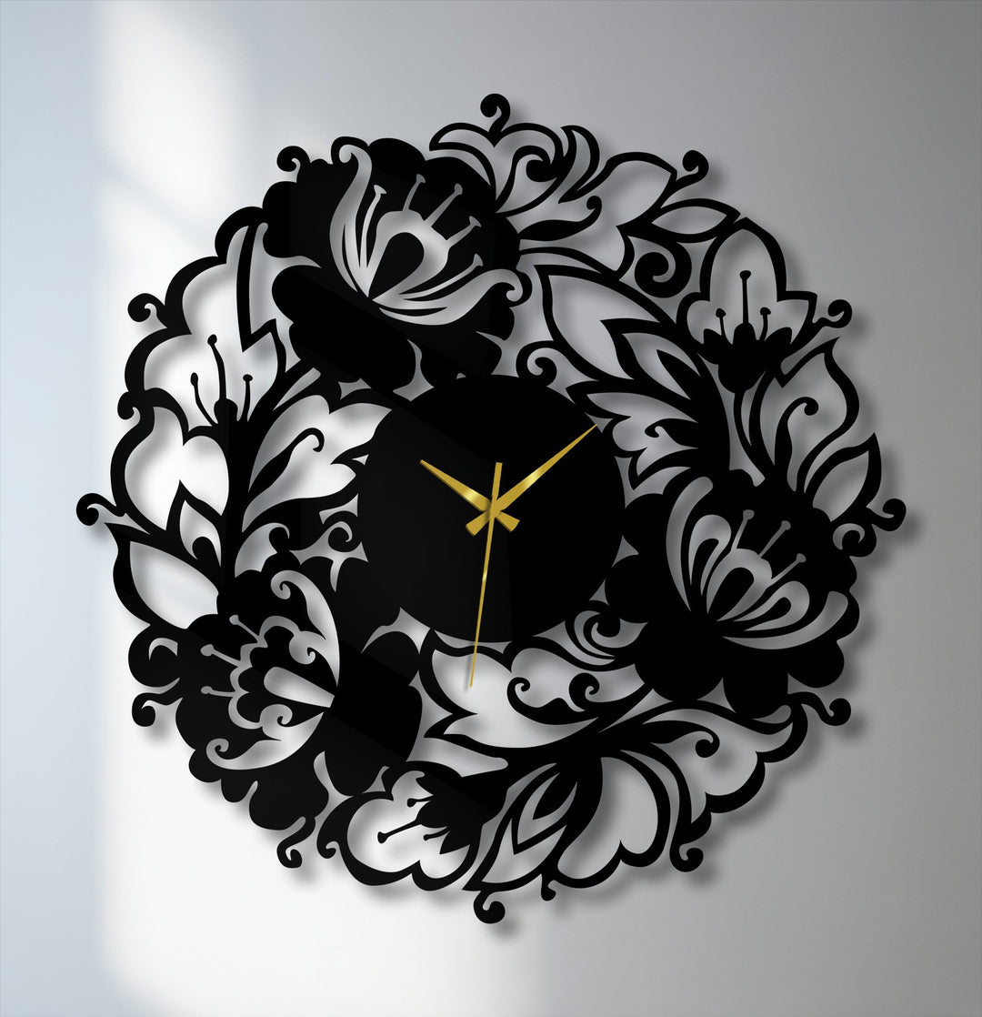 Softly shadowed white walls offset the bold, decorative metal art of the Bloom Garden metal wall clock, highlighting its floral design.