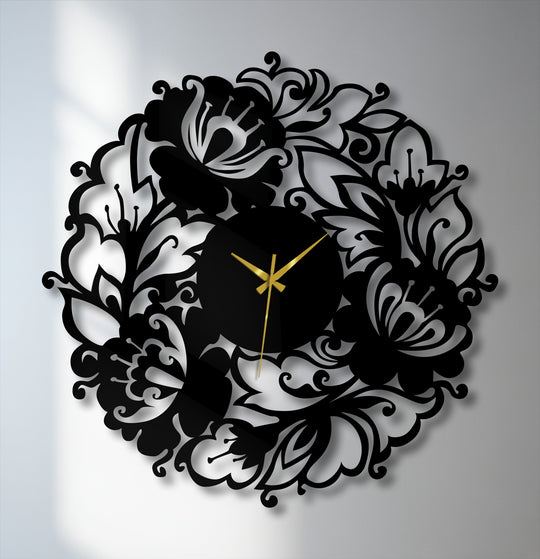 Softly shadowed white walls offset the bold, decorative metal art of the Bloom Garden metal wall clock, highlighting its floral design.