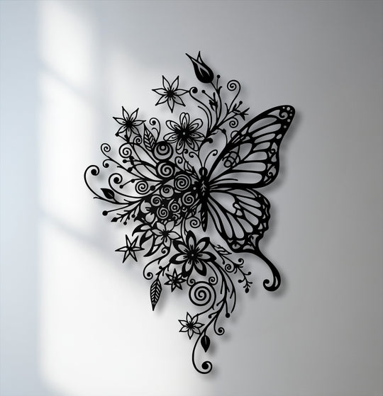 The intricate black butterfly and floral decorative metal art stands out in stunning elegance against a light background.
