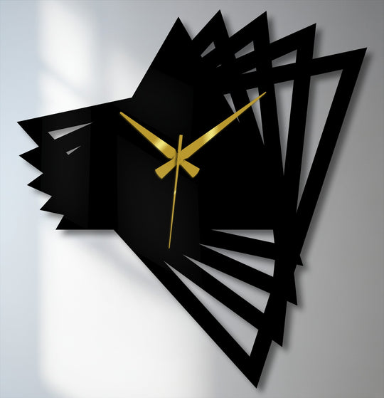 Subtle shadows define the softness of this abstract origami geometric modern metal wall clock, an eye-catching decorative metal art piece with striking gold hands.
