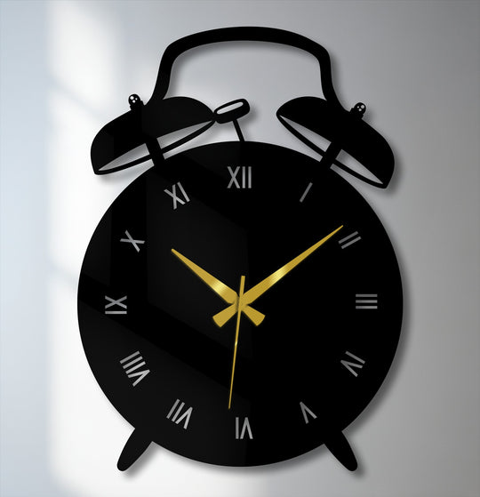Black vintage alarm clock shape modern metal wall clock showcasing its sleek, sophisticated finish, enhancing its appeal as elegant metal wall decor.