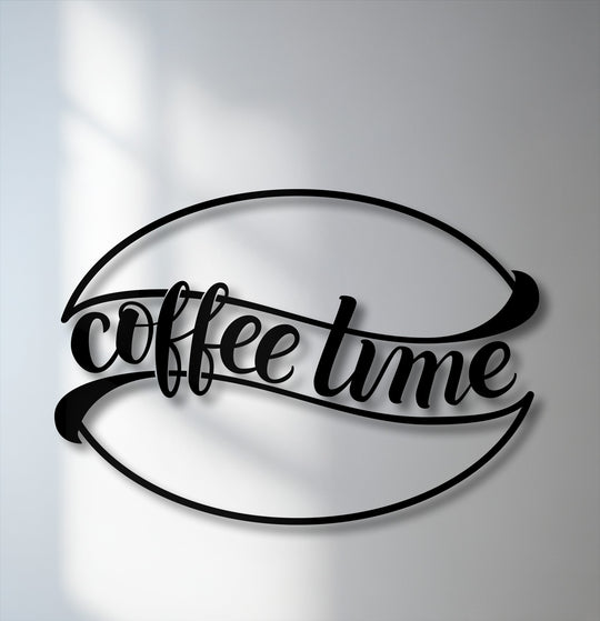 The black metal art for wall, shaped like a coffee bean with 'coffee time' script, exhibits clear depth from its elevated placement and distinct shadows.