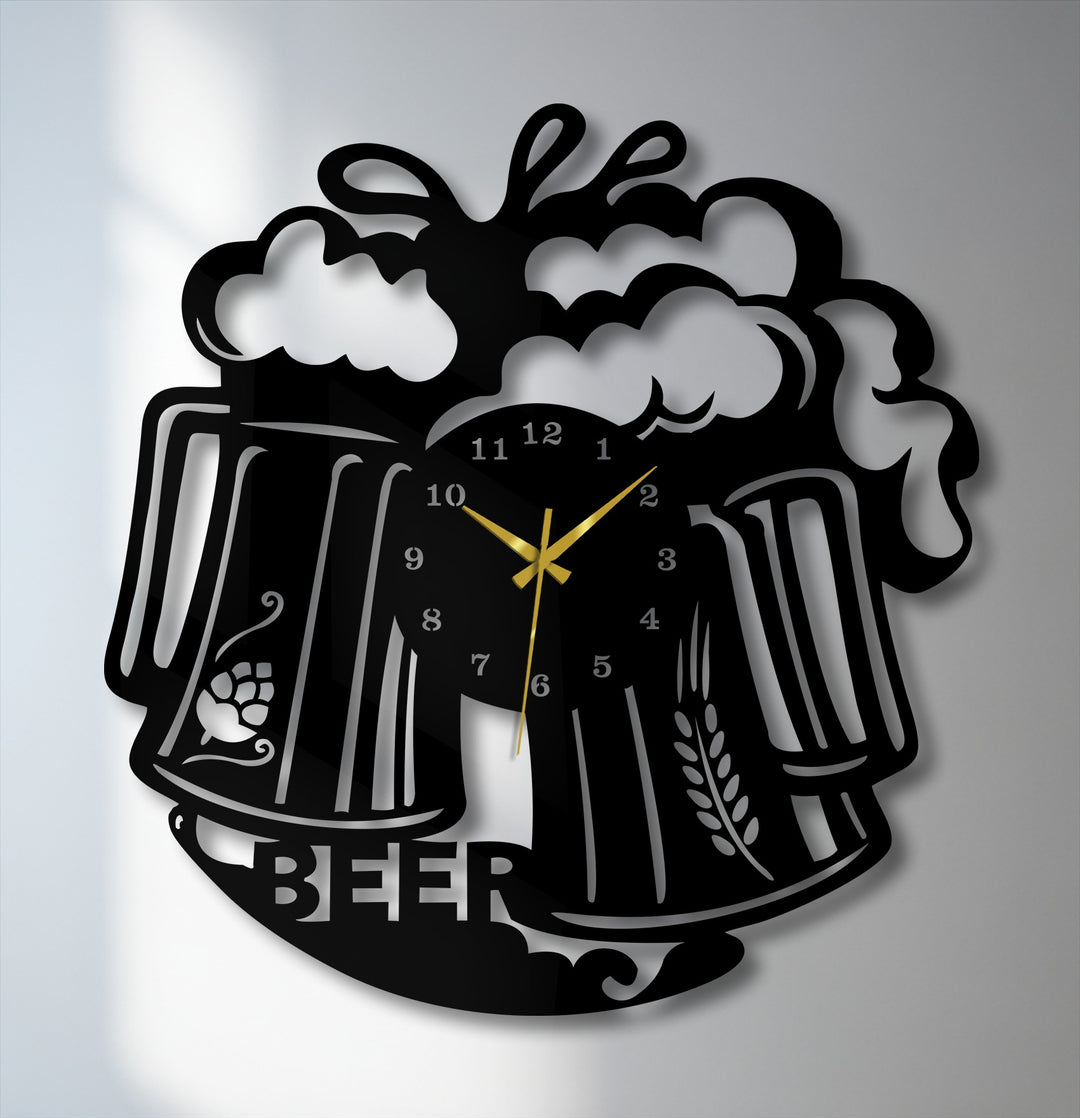 Featuring curving shapes and frothy contours, this beer mug metal wall clock is a unique piece of metal artwork.
