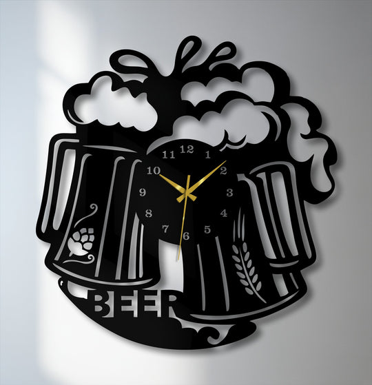 Featuring curving shapes and frothy contours, this beer mug metal wall clock is a unique piece of metal artwork.