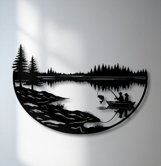 Organic forms of a peaceful metal decoration wall art depicting a serene lake, towering pine trees, and fishermen catching a fish in a boat.