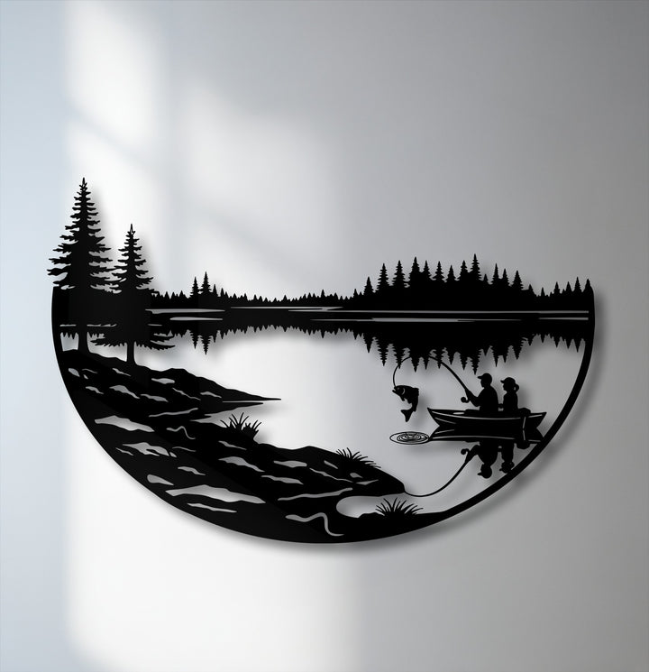 Organic forms of a peaceful metal decoration wall art depicting a serene lake, towering pine trees, and fishermen catching a fish in a boat.