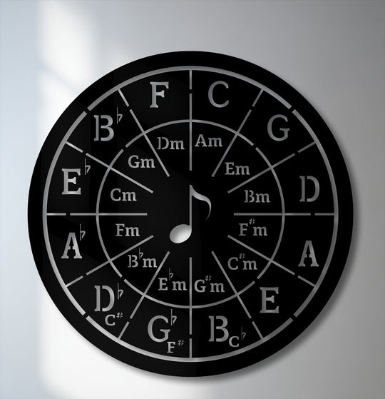 Displaying intricate depth, this Circle of Fifths metal artwork presents a layered musical diagram with various key signatures and notes.
