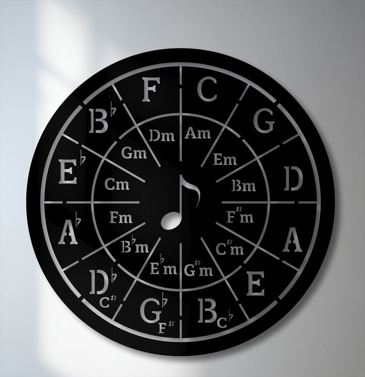 Displaying intricate depth, this Circle of Fifths metal artwork presents a layered musical diagram with various key signatures and notes.