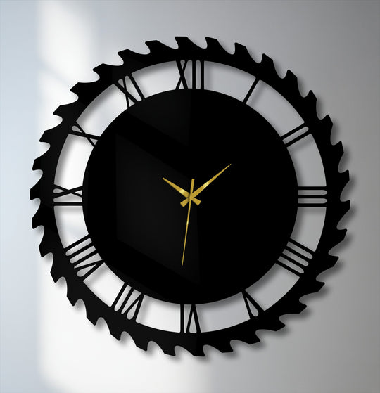 The striking transition between the stark black industrial gear style decorative metal art clock and its subtle gray shadow on the wall emphasizes its Roman numeral design.