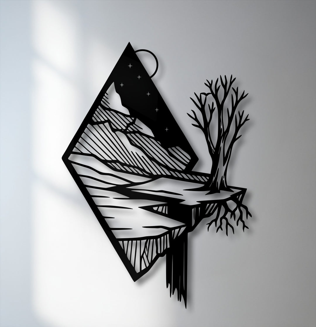 Exhibiting extremely low color saturation, this modern decoration wall art presents a stark black floating mountain landscape with a tree and river.