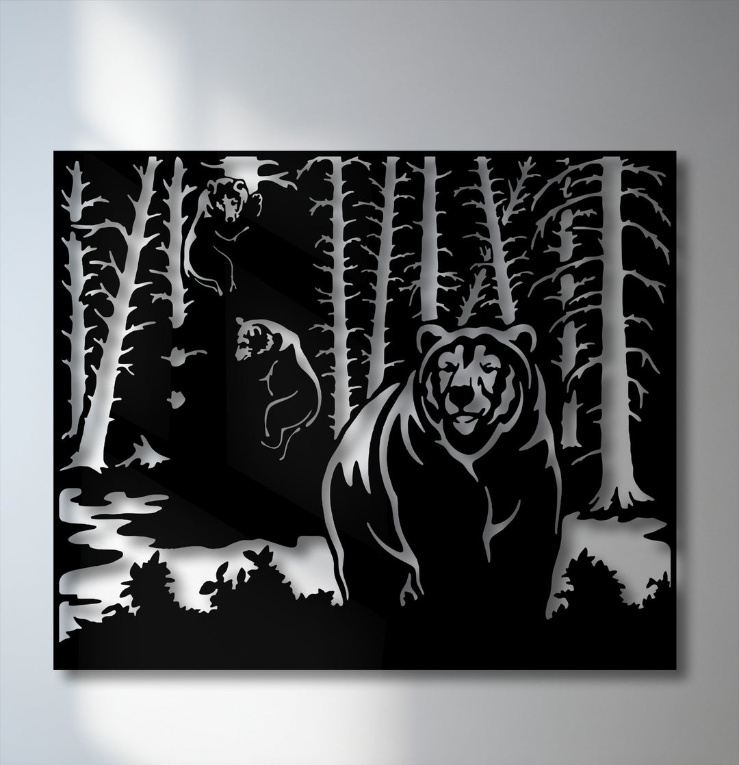 A striking central bear silhouette stands prominently in this nature wildlife scene metal artwork, surrounded by forest trees and two smaller bears.