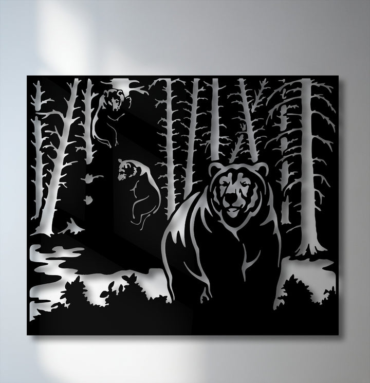 A striking central bear silhouette stands prominently in this nature wildlife scene metal artwork, surrounded by forest trees and two smaller bears.