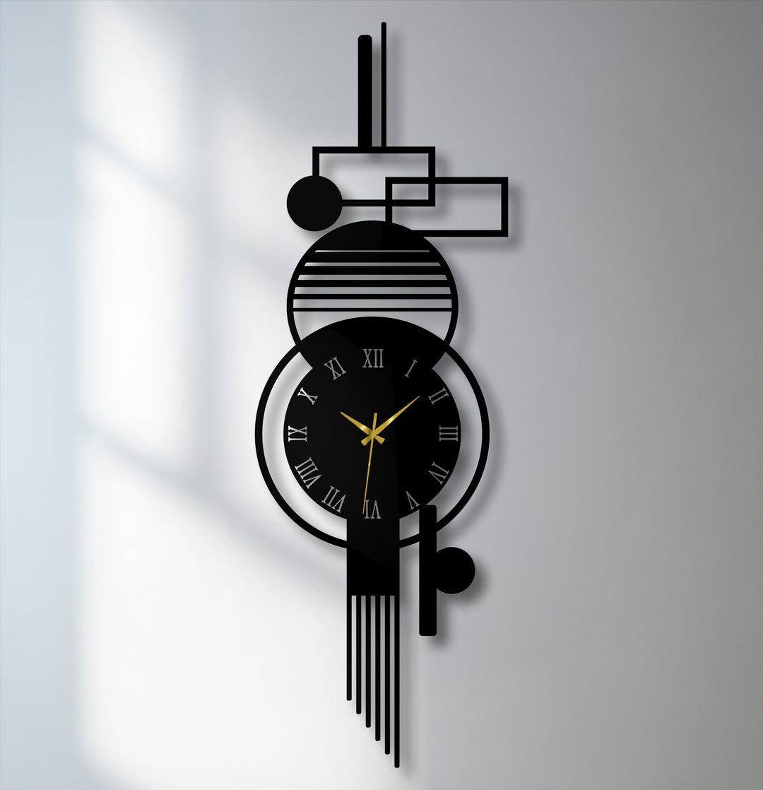 High color saturation emphasizes the black in this modern vertical abstract metal wall clock, a unique modern wall decor piece with geometric Roman numerals.
