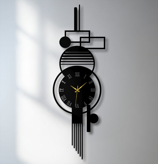 High color saturation emphasizes the black in this modern vertical abstract metal wall clock, a unique modern wall decor piece with geometric Roman numerals.