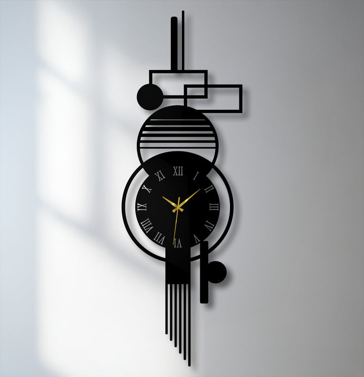 High color saturation emphasizes the black in this modern vertical abstract metal wall clock, a unique modern wall decor piece with geometric Roman numerals.