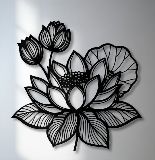 Intricate geometric elements form the striking black lotus floral decorative metal art, showcasing precise cut lines and organic shapes.