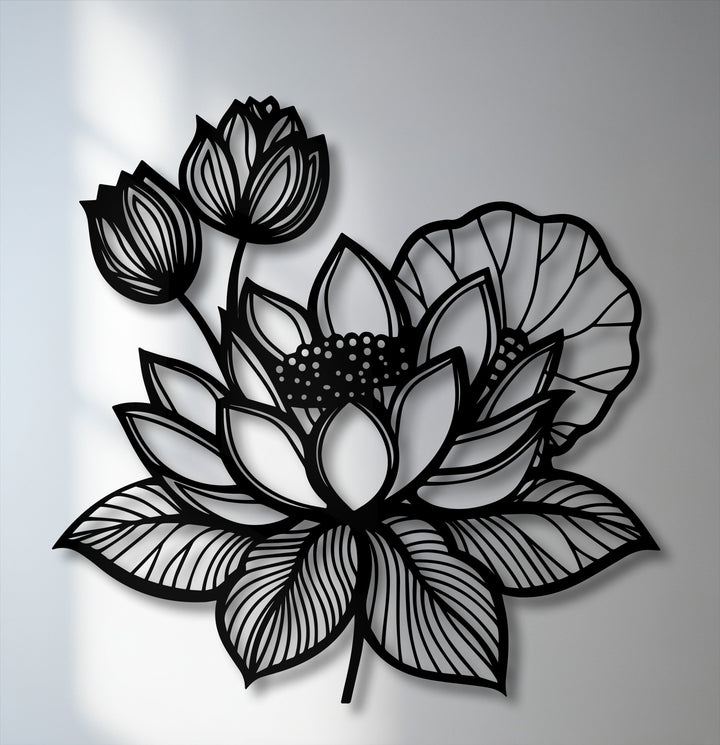 Intricate geometric elements form the striking black lotus floral decorative metal art, showcasing precise cut lines and organic shapes.