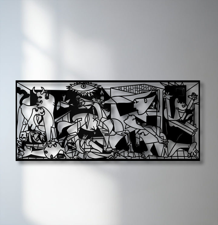 Horizontally oriented rectangular unique metal wall art panel featuring a Guernica-inspired abstract design in black.