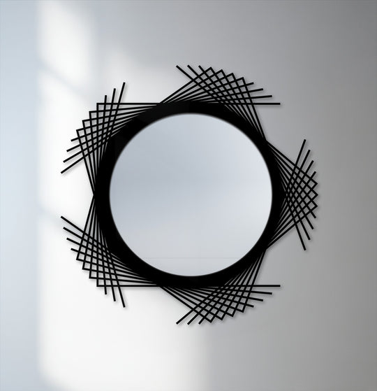 The realistic detail highlights this round decorative wall mirror's intersecting lines and modern geometric design, making it a stunning mirror for wall decor.