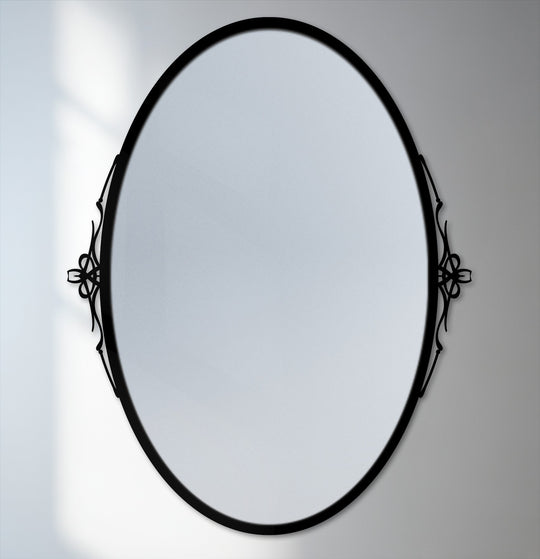 Serene and sophisticated, this elegant oval floor mirror offers a calming mood enhanced by its subtle side accents and slim black frame, a sleek addition to your decor as a framed wall mirror.