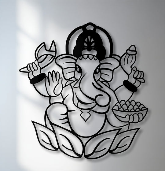 The brightest area illuminates the intricate black cutout of Sacred Ganesha Metal Wall Art, a spiritual elephant deity decoration wall art.