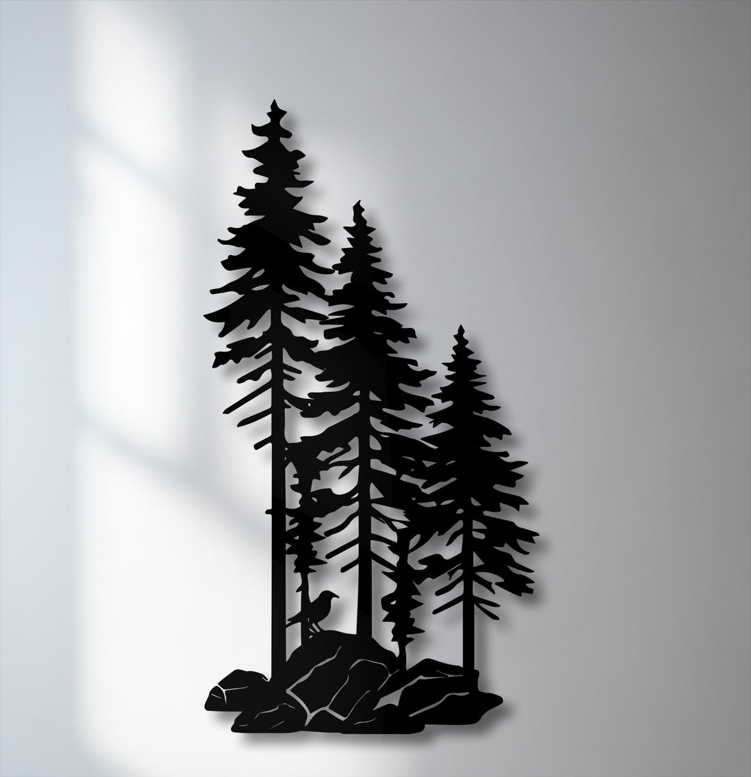 The striking black silhouette of majestic pine trees and rocks stands as unique metal wall art, casting soft shadows.