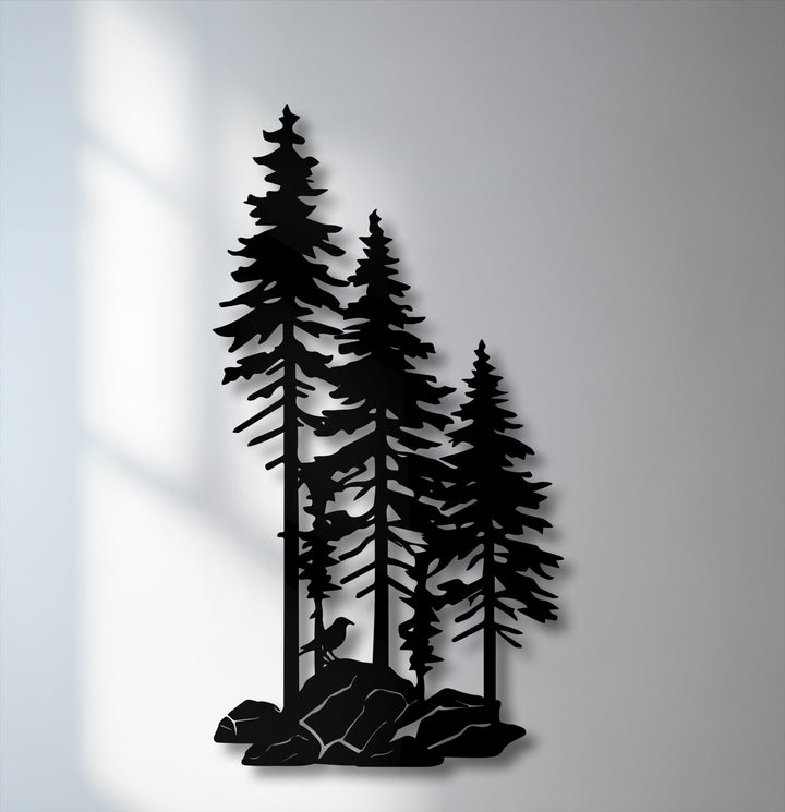 The striking black silhouette of majestic pine trees and rocks stands as unique metal wall art, casting soft shadows.