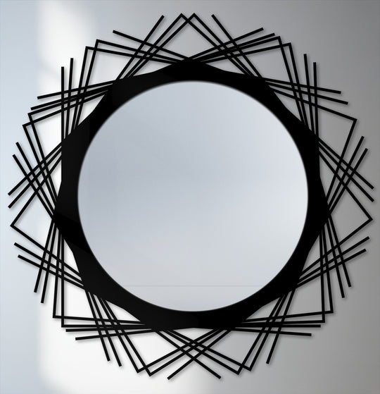 Reflecting style, the round decorative wall mirror for wall decor showcases a modern geometric design with a crossed line halo, adding depth and artistry.