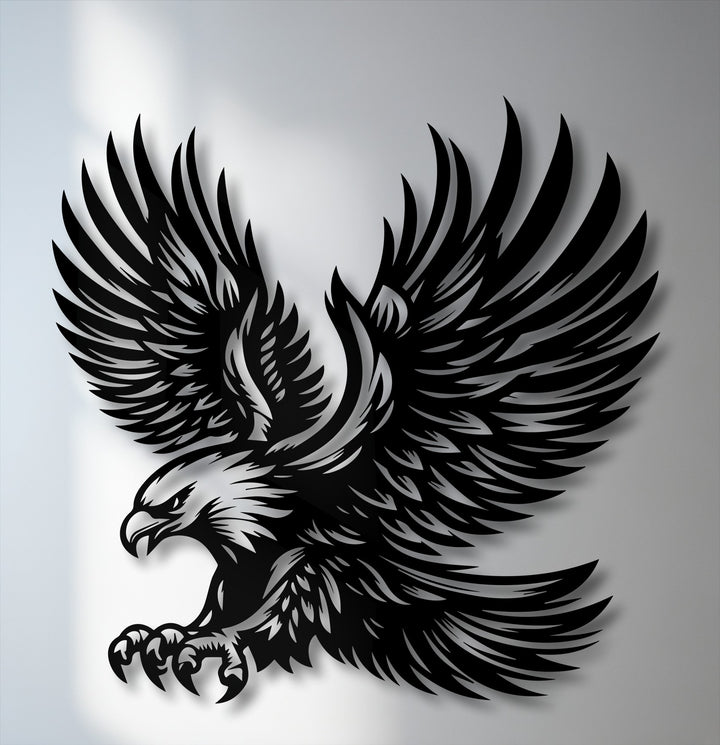 Geometric elements of this majestic flying eagle metal art for wall are defined by sharp angles and sweeping curves, forming a striking silhouette.