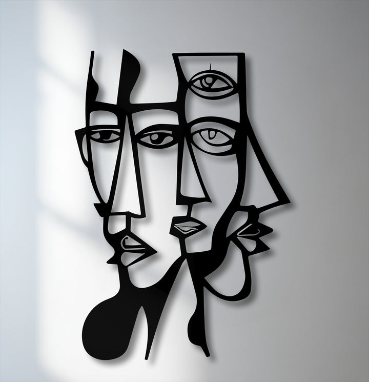 The soft, diffused shadows gracefully complement the stark geometric lines of the modern abstract faces decorative metal art.