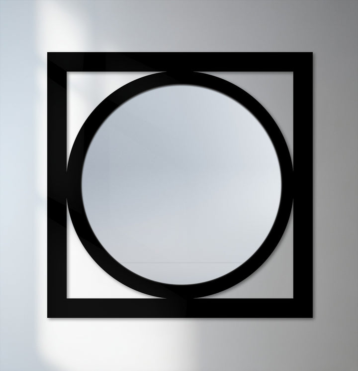 The realistic detail of this modern mirror showcases a circle within a square, highlighting the minimalist design of this decorative wall-mounted modern mirror.
