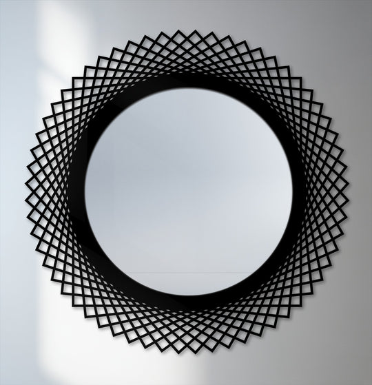 Showing the realistic detail of the diamond weave frame, this round decorative mirror is a modern geometric design that elevates any interior as a striking decorative mirror.